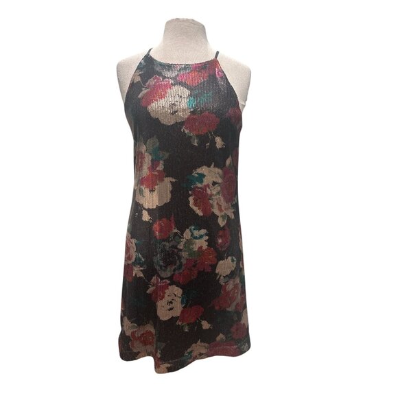 Floral Sequin Halter Dress Black Rose Print Sleeveless Party Dress Size M - Picture 2 of 7